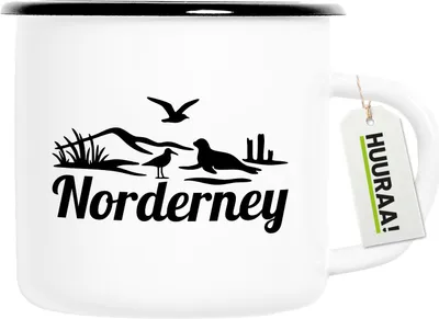 Produktbild von Huuraa Emaille Tasse Norderney Strandmotiv 300ml Vintage Campingbecher Geschenkidee