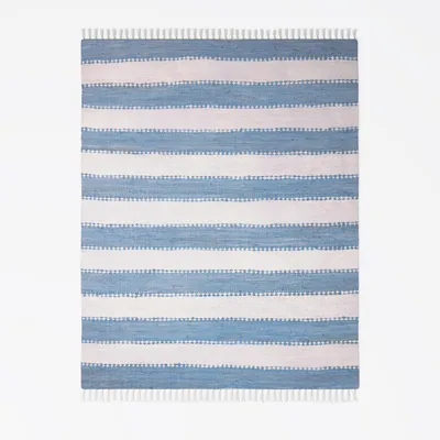 Zdjęcie produktu dla Dywan patchworkowy MY-RUG, Aarav, 230x160, dywan Chindi jasnoniebieski, wykonany z resztek bawełny z recyklingu, ręcznie tkany, dwustronny, z frędzlami, prostokątny