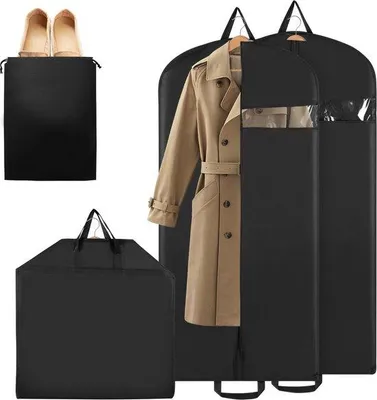 Image de Housses de protection pour vêtements, noires, 128 x 60 cm, avec filet à chaussures et poignée, housses pour vêtements, rangements pour vêtements, accessoires, housses de protection pour vêtements