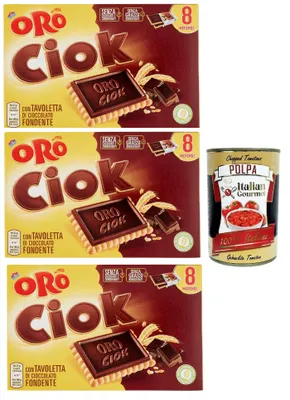 Produktbild von Oro Ciok Biscotto fondente, Kekse Mit dunkler Schokoladentafel, einfacher und köstlicher Snack, natürliche Faserquelle, 3x 200 g + Italian Gourmet polpa 400g