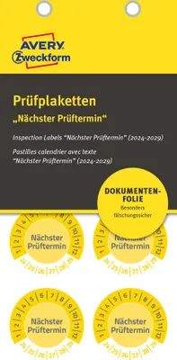 Obrázok produktu pre AVERY Zweckform kontrolné nálepky "Dátum ďalšej kontroly" 2025-30 žltá 120 štítkov