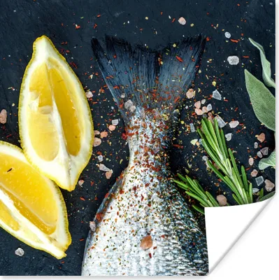 Produktbild von MuchoWow® Poster Fisch - Zitrone - Kräuter 50x50 cm - Wohnzimmerdekoration
