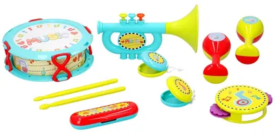 Produktbild von Let's Play Kinder Musikinstrumente Musikset 9-teilig - mit Sambaballs, Trompete, Blockflöte, Trommel, Tamburin und Mundharmonika - Musikinstrumente für Kinder ab 1 Jahr