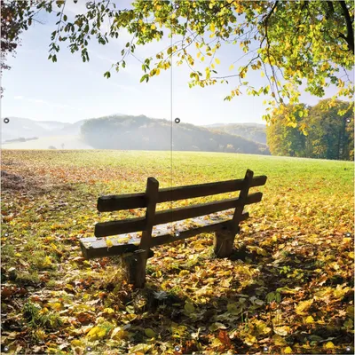 Produktbild von Wallario Outdoor-Poster für Garten oder Balkon, Motiv Idyllische Holzbank in den Bergen, in ca. 180 x 180 cm