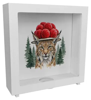 Produktbild von Luchs mit Bollenhut Rahmen Spardose aus Holz Schwarzwald Motiv