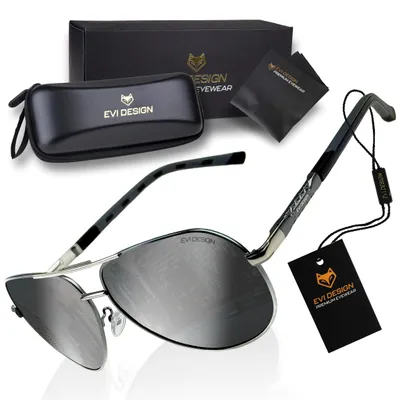 Produktbild von Aviator Sonnenbrille Herren Polarisiert UV400, klassische Pilotenbrille Silber, Metallrahmen mit Federscharnier, inkl. Etui & Set, EVI DESIGN Silver