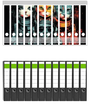 Produktbild von Wallario 12 Stück schmale Ordner inkl. Klebeetiketten mit Motive Katzen auf Mission - Set mit Rückenschildern / Ordnerrücken Stickern