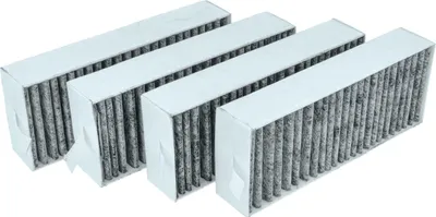 Four activated carbon filters for a range hood, presented in a side-by-side arrangement.