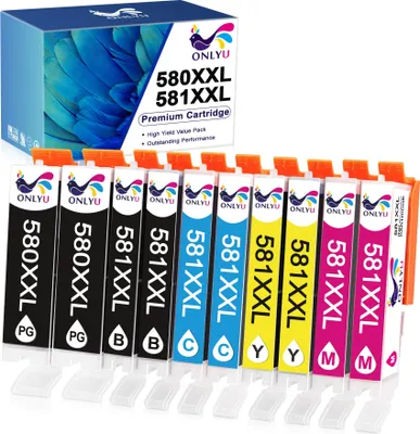 A set of printer ink cartridges arranged in a row, with a box of cartridges in the background.