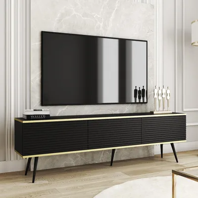 Obrázek produktu pro TV stolek FORNO, černá barva, reliéfní přední panel, styl Art Deco, rozměry 175 cm, černé nožky