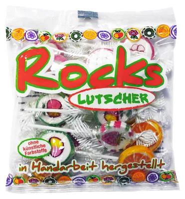 Image de Rocks Sucettes emballées individuellement avec des motifs de fruits 150g