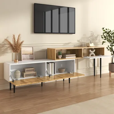 Produktbild von okwish TV-Lowboard Weiß mit verstellbarer Länge 130220cm,TV-Schrank Holz mit 2-teiliges Design, Fernsehbank mit Metallbeine und Kippsicherung,Schrank für Haushalte