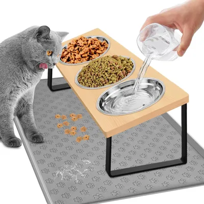 Productafbeelding van Kattenbak - 3-in-1 verhoogd - Roestvrij staal - Met standaard, kom en kattenvoermat