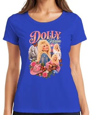 Obrázek produktu pro Dámské tričko s motivem Dolly Parton, country zpěvačky, s motivem kovboje, westernové kytary, retro design, modrá barva, velikost XL