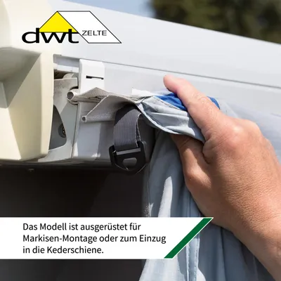 Produktbild von DWT Wohnwagen Vorzelt Space Air HQ (High Quality) mit Air-In-System - 320 L - 320x280 cm (BxT) 250-265 cm (H) - Texolan 150 HQ - aufblasbar - Keder für Markisen - inkl. zwei Distanzpolster-Sets