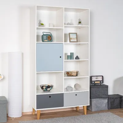 Produktbild von Jugendzimmer - Regal Syrina 15, Farbe: Weiß / Grau / Blau - Abmessungen: 202 x 105 x 45 cm (H x B x T)