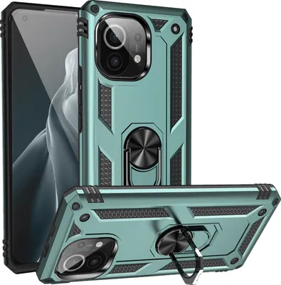 Obrázek produktu pro Pouzdro pro Xiaomi Mi 11 dvouvrstvé robustní, vojenská ochrana pouzdro s držákem prstenu a stojánkem zelené