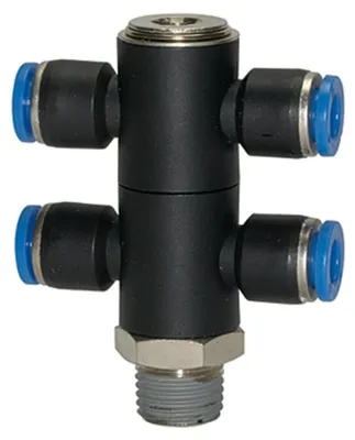 Produktbild von Riegler T-Mehrfachverteiler »Blaue Serie«, 4-fach, drehbar, R 1/4 a. Ø 4mm