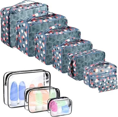 Produktbild von Famanu Kofferorganizer 10-teilig - Wasserfest, leicht, blau mit Blumen