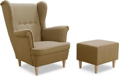 Produktbild von Easy4You Sessel Uszak mit Fußbank Beige 82x100x86 cm, Relaxsessel, Skandinavischer Sessel, Moderner Polstersessel in Stoff Lux 02, Wohnzimmermöbel, Füße aus Holz