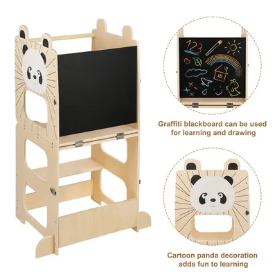Produktbild von 2 in 1 Learning Tower für Kinder,Montessori Stehhilfe mit Tafel,Holz Lernturm Kleinkind Küchenhelfer Tritthocker Tisch Stuhl Set für Kinder ab 1 Jahr