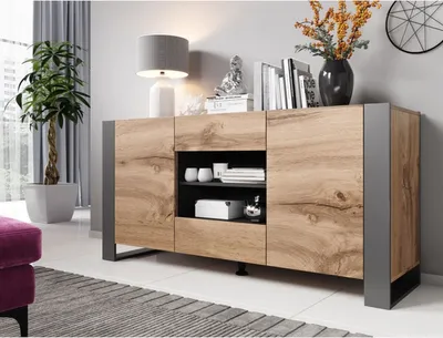 Produktbild von MIRJAN24 Kommode Wood, Stilvoll Sideboard mit zwei Schubladen und Türen, Moderne Füße (Farbe: Wotan / Anthrazit)