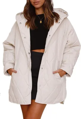 Obrázek produktu pro ASKSA Dámské bundy Zimní teplá dlouhá prošívaná bunda Diamond Casual Oversized Lightweight s kapucí, bílá, L