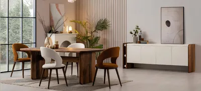 Immagine prodotto di Tavolo da pranzo con 4 sedie e credenza, stile moderno, colore marrone, nuovo, in legno