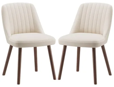 Produktbild von 2er-Set Esszimmerstühle, moderne Küchenstühle mit muschelförmiger Rückenlehne, weichem Stoff und Massivholzbeinen, skandinavischer Stil für Esszimmer, Wohnzimmer oder Restaurant, Beige