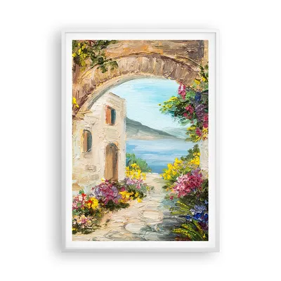 Produktbild von Gerahmtes Poster - Weißer Rahmen - Haus Santorini Blumen - 70x100 cm - Wand Bild - Wanddeko - Wandbilder - Kunstposter - Wandposter - Bilderrahmen - Bilder - Kunstdruck - Wandbild - P2WPA70x100-4191