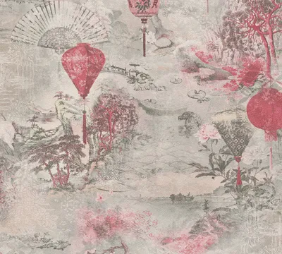 Zdjęcie produktu dla A.S. Création, tapeta w stylu azjatyjskim, kolekcja Asian Fusion, tapeta flizelinowa, kolor: różowy, czerwony, szary, wymiary: 10,05 m x 0,53 m