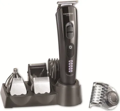 A black Carrera Classic 6-in-1 hair trimmer set with various attachments displayed on a dark gray stand, with an additional attachment shown separately to the right.