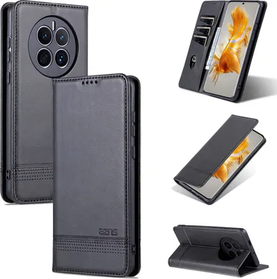 Produktbild von Huawei Mate 50 Leder Hülle, Klapphüllen Brieftasche Magnetverschluss Ständer Schutzhülle für Huawei Mate 50 Schwarz