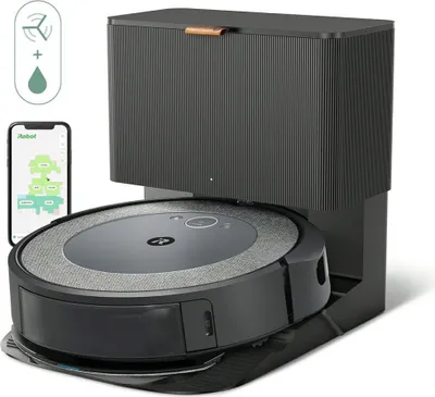 A robot vacuum cleaner with its charging and cleaning station, next to a smartphone displaying a cleaning map.