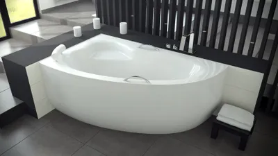 Produktbild von ECOLAM Badewanne Eckbadewanne Acryl Natalia weiß 150x100 cm LINKS + Schürze + weiße Kopfstütze + 2 x Handgriff Ablaufgarnitur Ab- und Überlauf Automatik