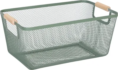 Zdjęcie produktu dla Relaxdays Kosz druciany z drewnianymi uchwytami, prostokątny, metalowy kosz do przechowywania, wymiary 16,5 x 37 x 22,5 cm, kosz do kuchni i łazienki, kolor miętowy