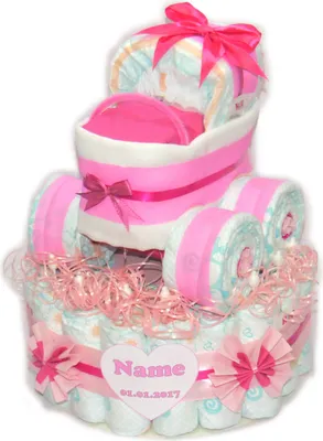Produktbild von Windeltorte mit Windelkinderwagen in babyrosa | Windelgeschenk Mädchen
