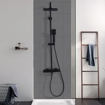 Produktbild von Homelody Duschsystem mit Thermostat 38°C Quadratische Duschsäule Duscharmatur Schwarz Regendusche Duschset Verstellbar Duschstange, Edelstahl
