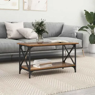 A living room scene with a couch and coffee table.