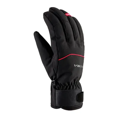 A black glove with red accents and branding, isolated on a white background.