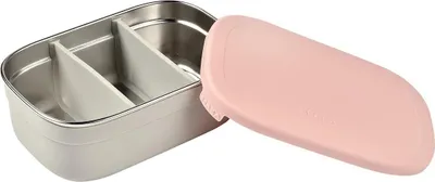 Image de BÉABA 914002 Boîte à lunch pour enfants, boîte à pain avec compartiments, anti-fuite, sans BPA, acier inoxydable, Bento Box, housse en silicone, robuste, idéale pour la maternelle et l'école, 760mL, gris/rose poudré