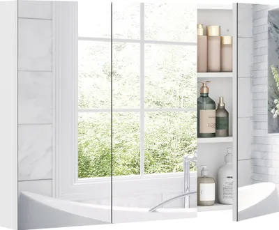 Image de HOMCOM Armoire murale salle de bain avec miroir, 91,5 x 11,5 x 65 cm, meuble salle de bain, armoire de toilette avec 3 portes miroir et 4 étagères réglables, blanc