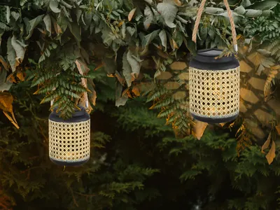 Produktbild von LED Solarhängeleuchten mit Hanfseil, Metallgeflecht Außenlaternen für den Garten
