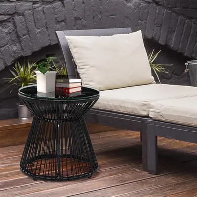 Produktbild von Rattan Beistelltisch Boho-Stil, Glastisch Garten, PE-Rattan Couchtisch, Schwarz | 40 x 40 x 42 cm | 5 mm Hartglas | Wetterfest