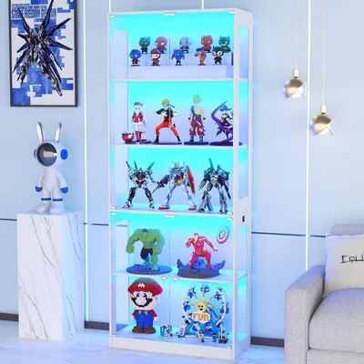 Produktbild von LED Vitrine mit Glastür, 5 Einlegeböden, 3-farbige Beleuchtung, Bewegungssensor, Weiß, 205x80x35 cm
