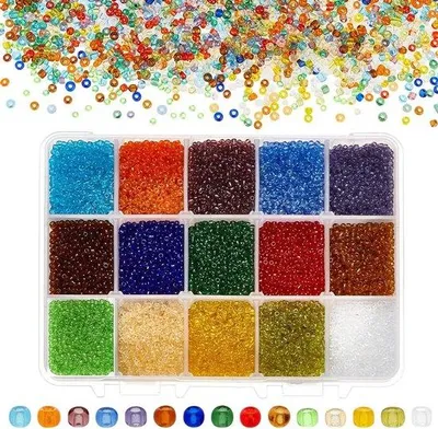 Produktbild von Famanu Rocaillekugeln Glas 21000 Stück – Transparente Perlen 2 mm in 15 Farben