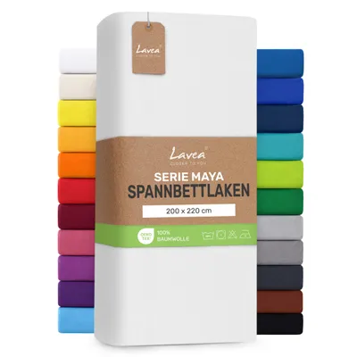 Produktbild von Lavea® Spannbettlaken 200x220cm, Maya, 100% Baumwolle, Boxspringbetten, Wasserbetten, atmungsaktives Bettlaken Matratzen bis 35cm - Weiß