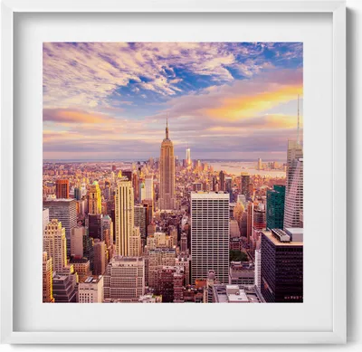 Produktbild von Sonnenuntergang in New York– Wandbild mit Rahmen – Gerahmtes Bild  – Wanddekoration – 50x50 cm –  Weiß Rahmen