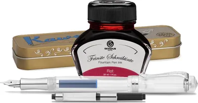 Produktbild von Kaweco Student Füllhalter mit 30 ml Füllhaltertinte, Konverter und Metalletui Transparent, Rot