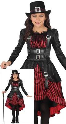 Productafbeelding van Steampunk gotisch kinderkostuum, magische wereld, Halloween outfit voor meisjes, zwart/rood, maat: 110/116